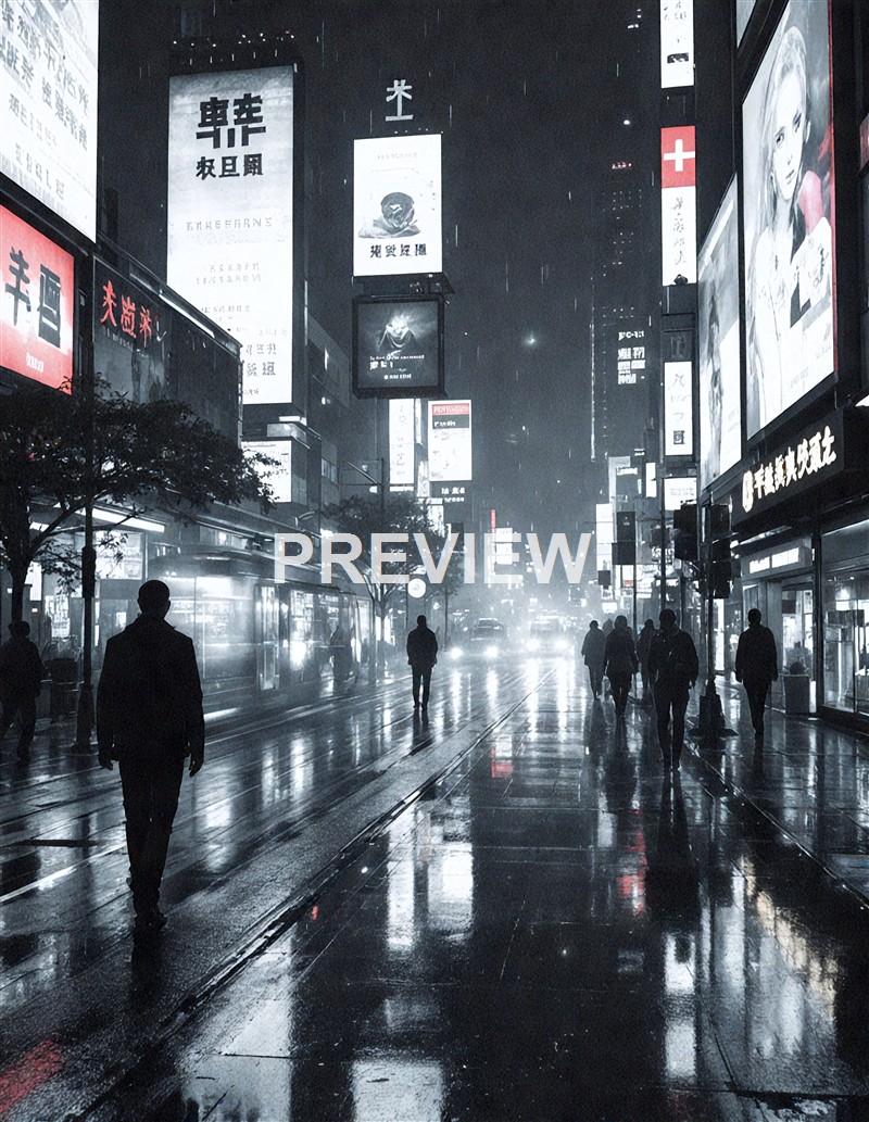 A rainy night scene in an urban city street illuminated by numerous bright billboards and neon signs, with silhouettes of people walking on the wet pavement and reflections of lights on the ground.